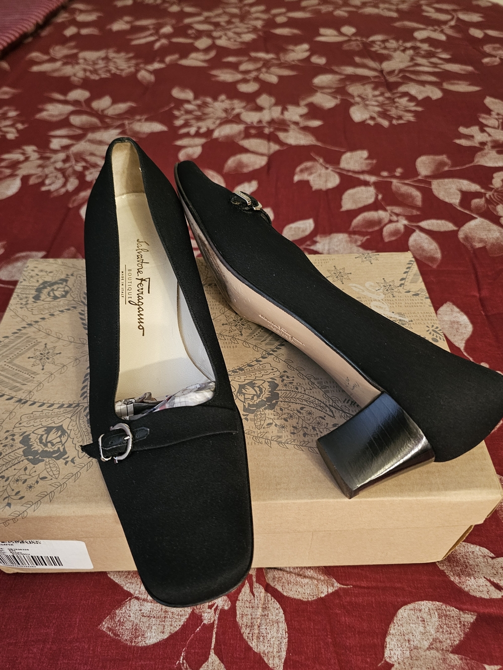 Salvatore Ferragamo Black Canvas Square-Toe Pumps - Picture 2 of 6
